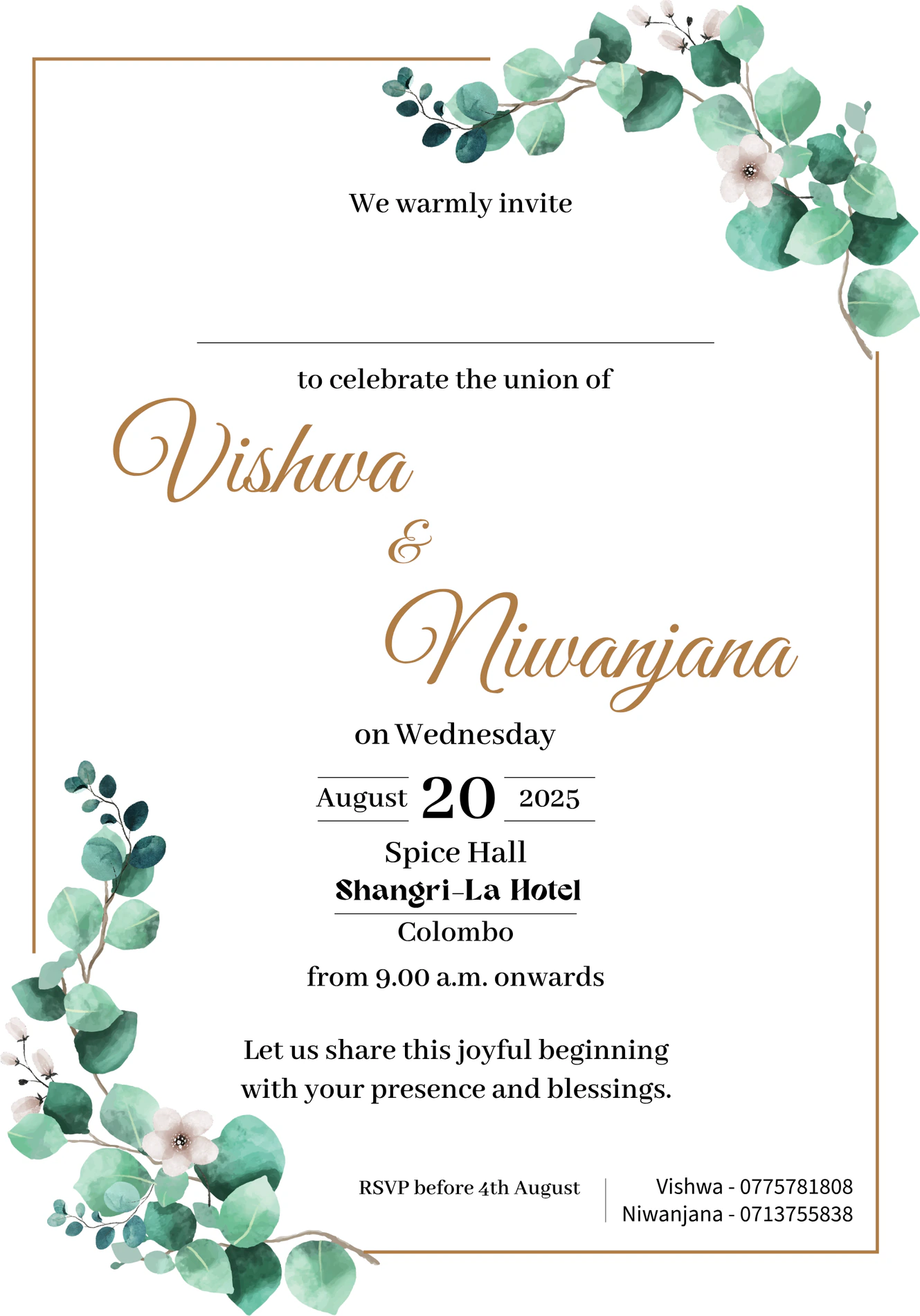 Invitation card for Vishwa and Niwanjana